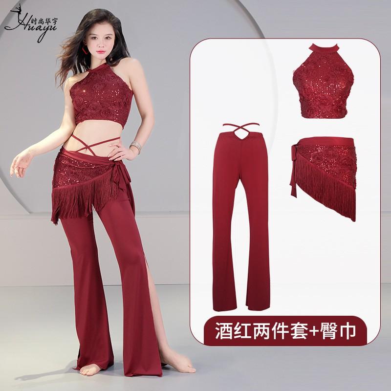Belly Dance Costume Set With Sequins Women - Stretchy Spandex Performance Outfit In Wine Red Champagne