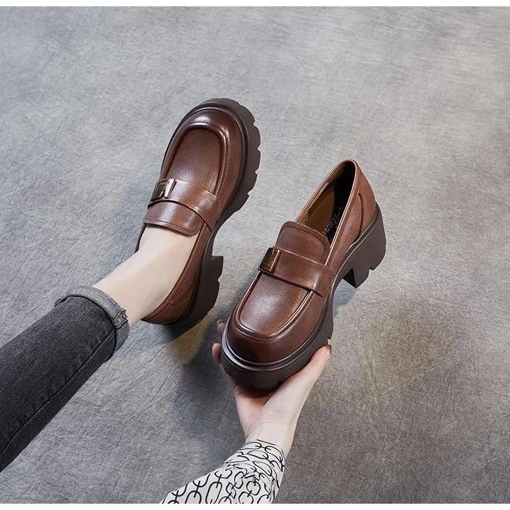 Women's Spring and Autumn Thick-heeled Thick-soled Loafers British Style Retro Soft Leather Shoes