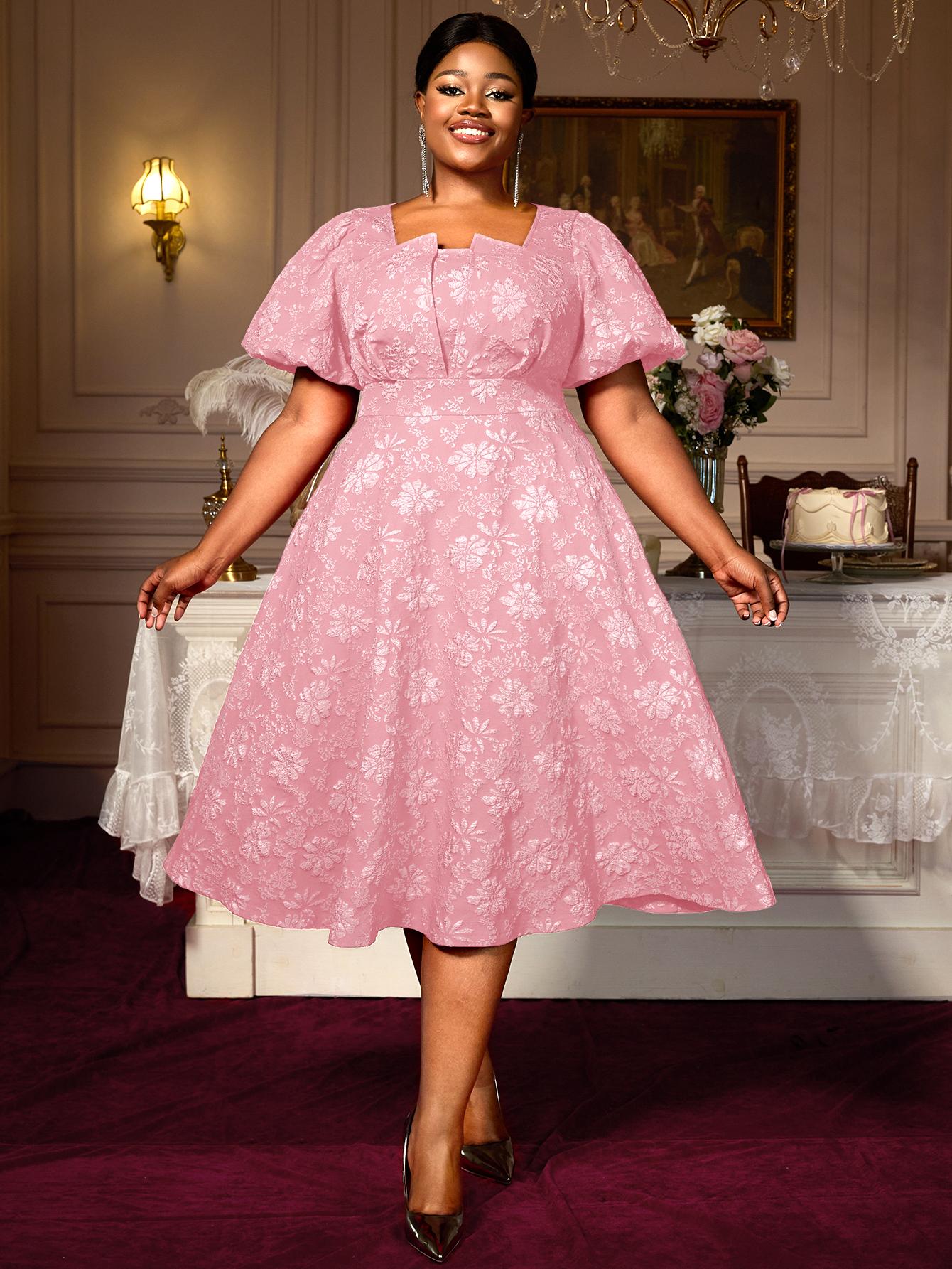 

Жаккардовые платья А-силуэта для женщин, квадратный вырез, короткие рукава-буфы, высокая талия, модные, для празднования выпускного вечера, мероприятия, вечеринки 4XL розовый