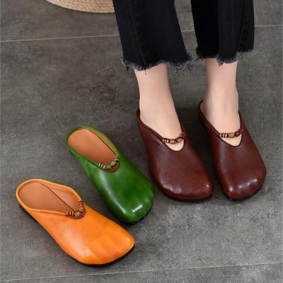 Women's Shoes Genuine Leather Flat Slippers Round Toe Versatile Casual Solid Color Outdoor Slides