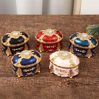 Mini Jewelry Storage Box Inlaid Gem Organizer European Style Necklace Portable Alloy Storage Earrings Ring Dresser Decorative