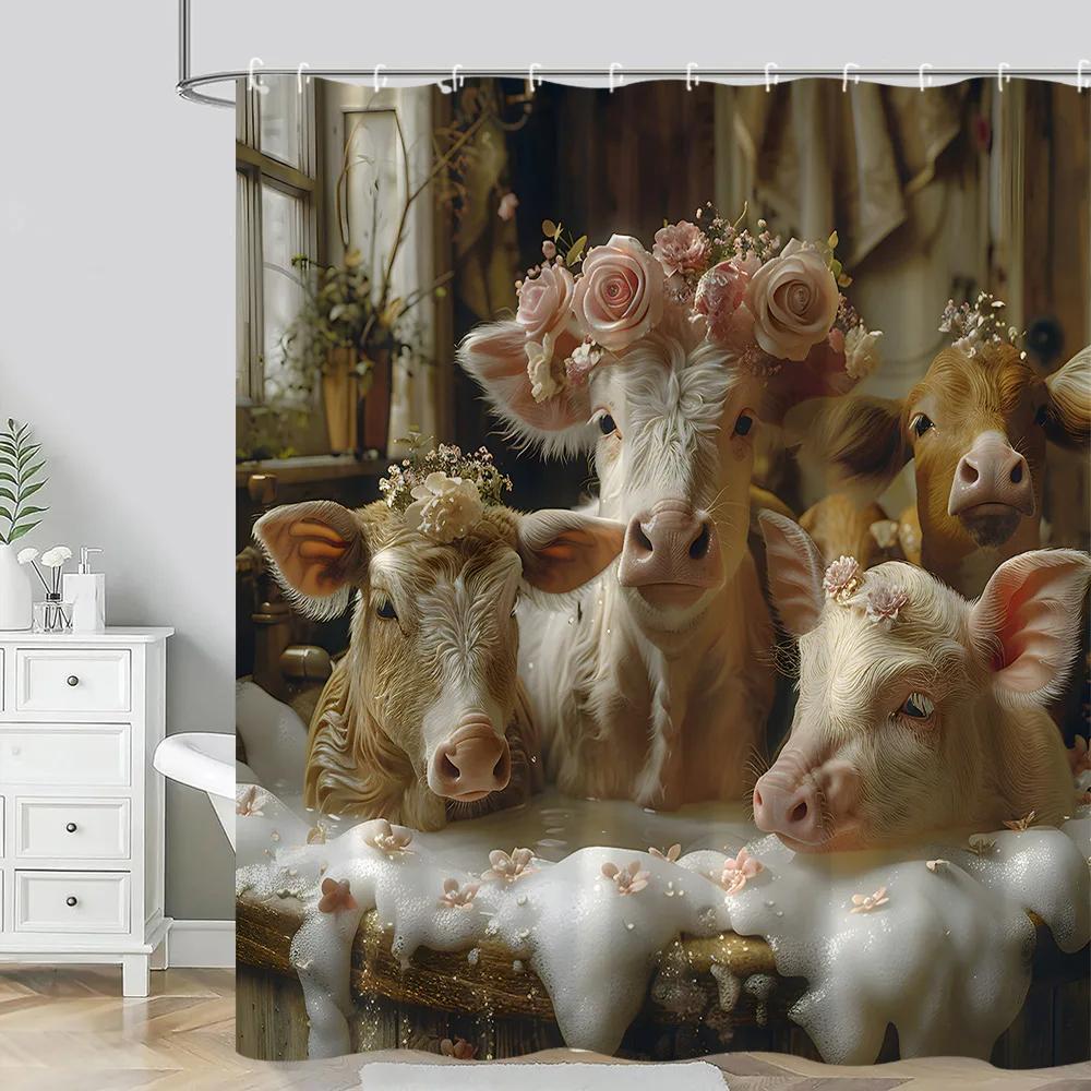 Farm Animals Shower Curtain Funny Pig Sheep Donkey Shower Cartoon Rustic Barn Polyester Fabric Bathroom Decor Curtain Washable
