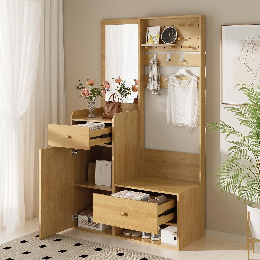Compact Hallway Wardrobe, Entryway Shelf – Wood-Colored Storage with Mirror, Adjustable Hooks and Shelves for Shoes, Coats and Small Items, 105 Cm