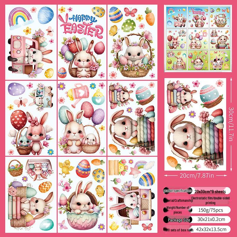Festive Easter Static Cling Stickers - Cute Rabbit, Dwarf, and Colored Eggs for Glass Decorations