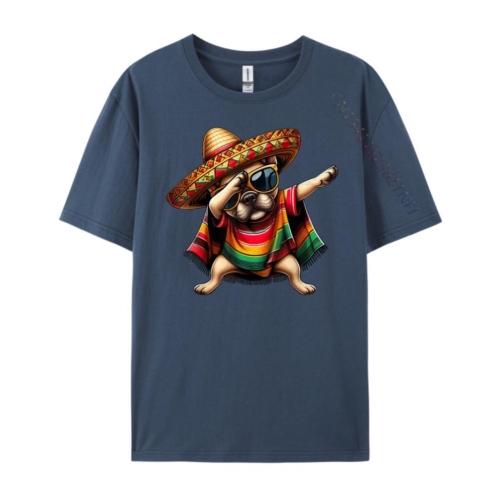 Dabbing Frenchie Dog Sombrero Mexican Poncho Cinco De Mayo Graphic T Shirts Men Cotton Camisetas  Breathable