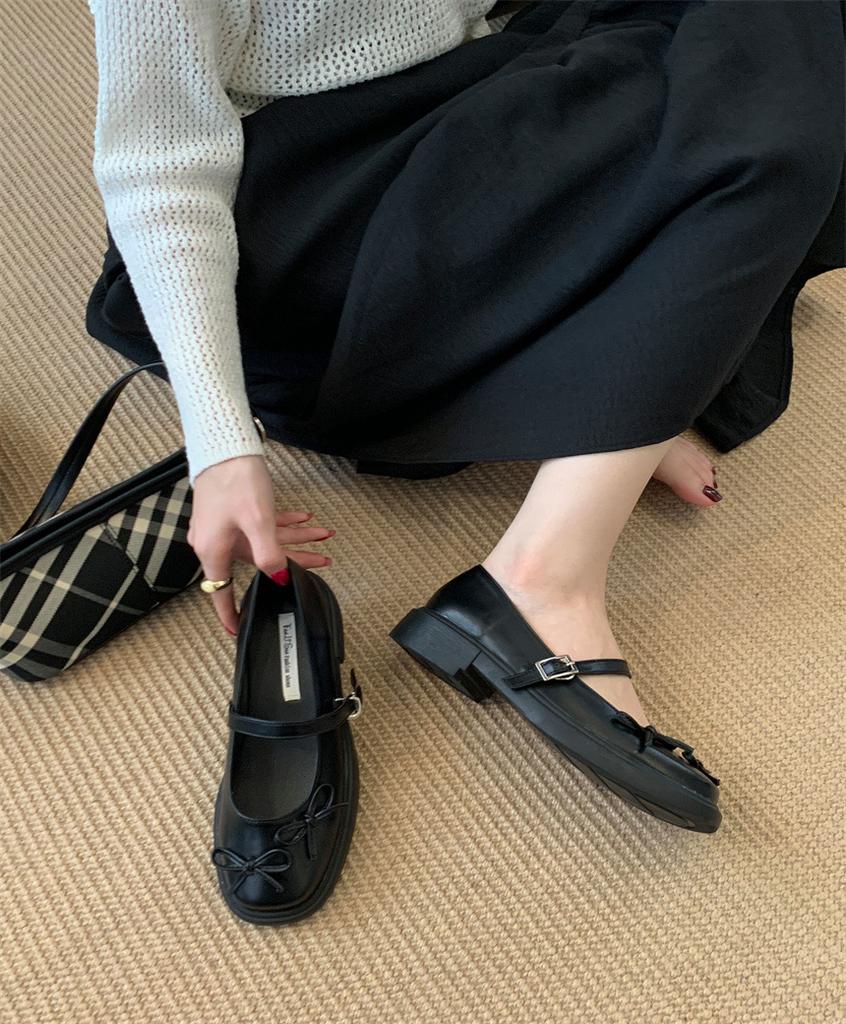 French retro college style small leather shoes bow girl Mary Jane shoes summer platform with skirt thick heel single shoes