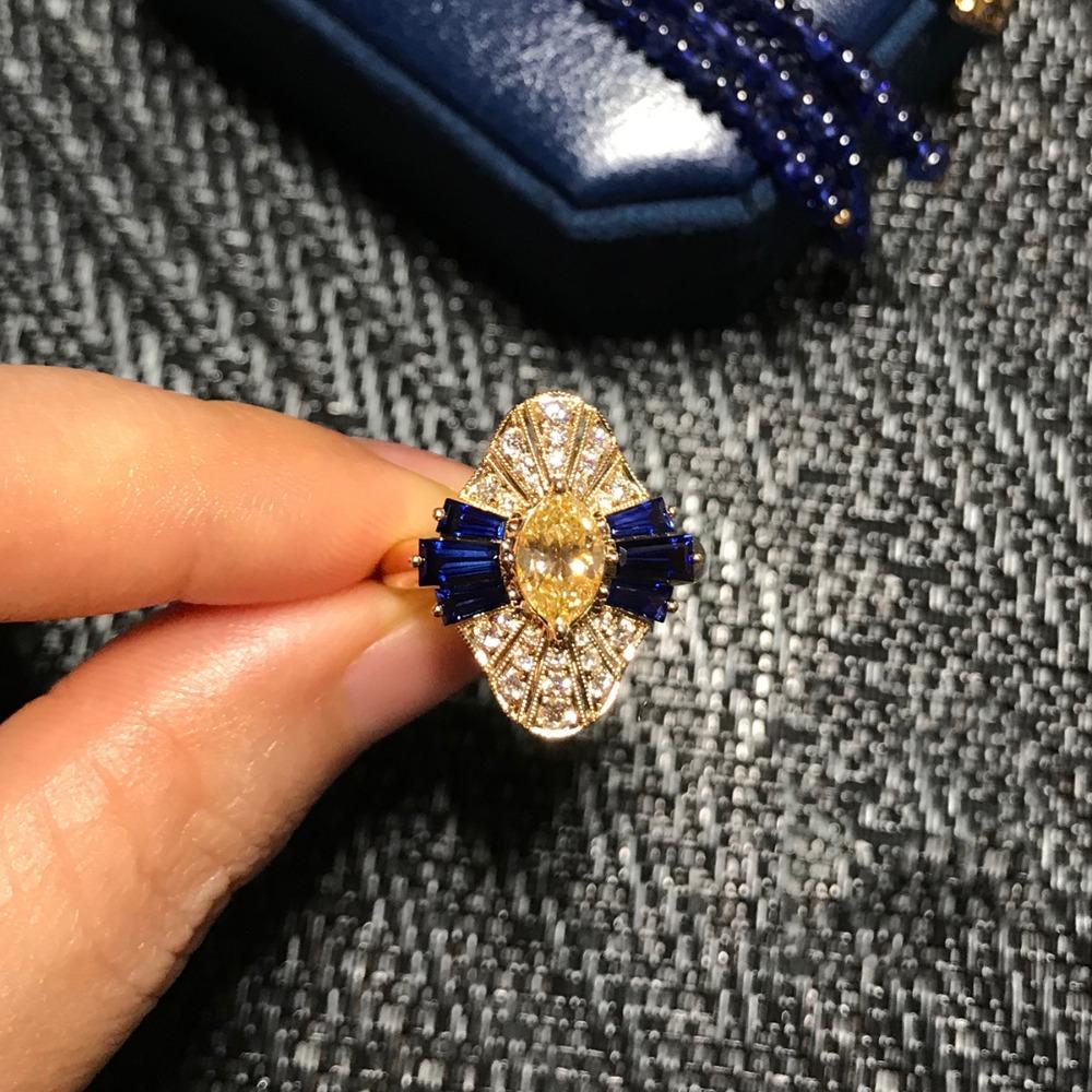 Vintage French Style Marquise Cut Yellow Zircon Baguette Blue Sapphire Plated 18K Gold Open Ring Jewelry