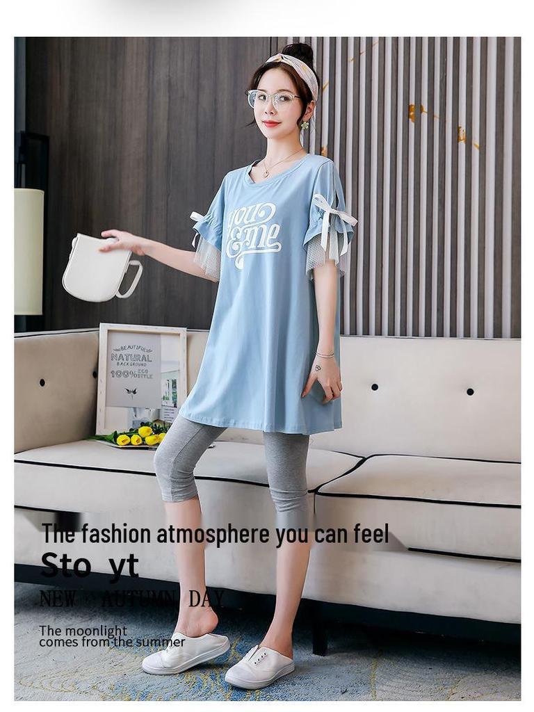 Korean-Style Maternity Summer T-Shirt and Mid-Length Dress Two-Piece Set