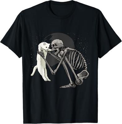 Skeleton Holding Cute White Cat Graphic Print Short Sleeve Cotton T-Shirt Casual Crewneck Tee for Men Women