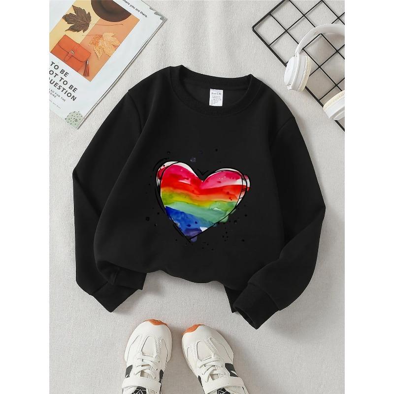 Kids Unisex Crewneck Sweatshirt, Watercolor Rainbow Heart With Black Ink Splash Print Soft Fleece Pullover For Kids Over 4 Years Old