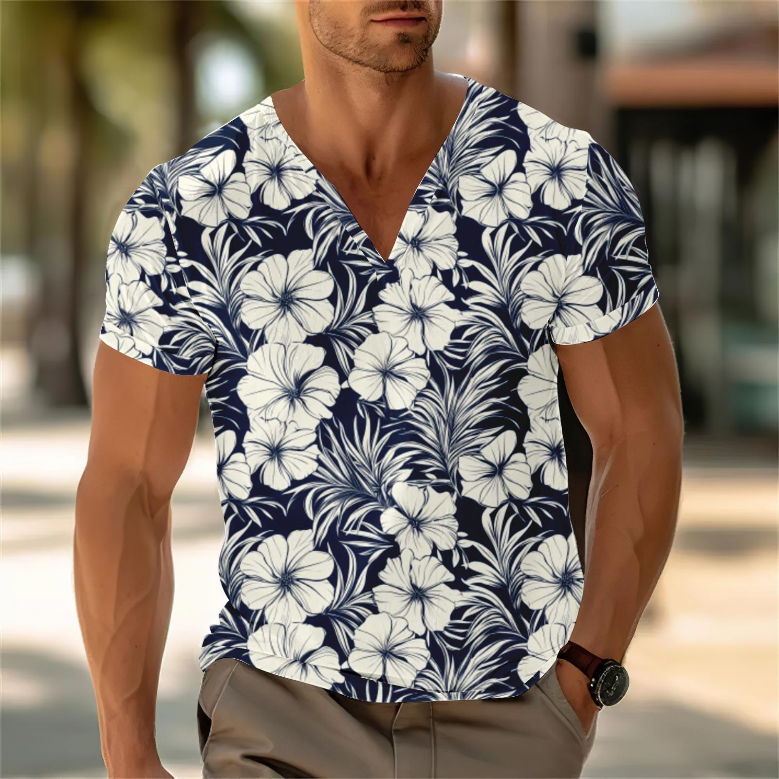 Men S V-Neck Casual Short Sleeved Loose Casual Fashionable Vacation Top L