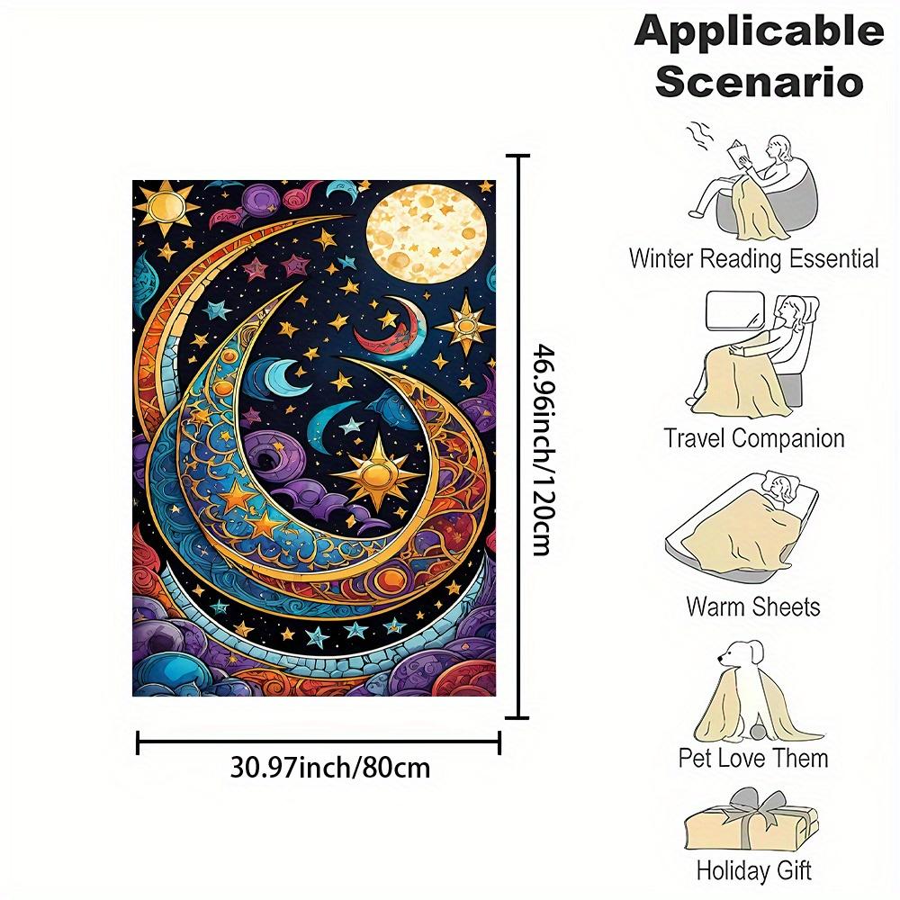 1pc, Cartoon Story Style, Starry Sky & Beautiful Moon Print, All-Season Reversible Fleece Blanket, Polyester Flannel,