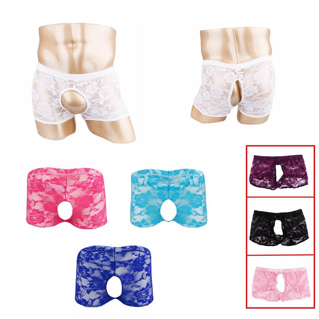 Men Sheer Lace Boxer Shorts Open Front Back See Through Pants Underwear
