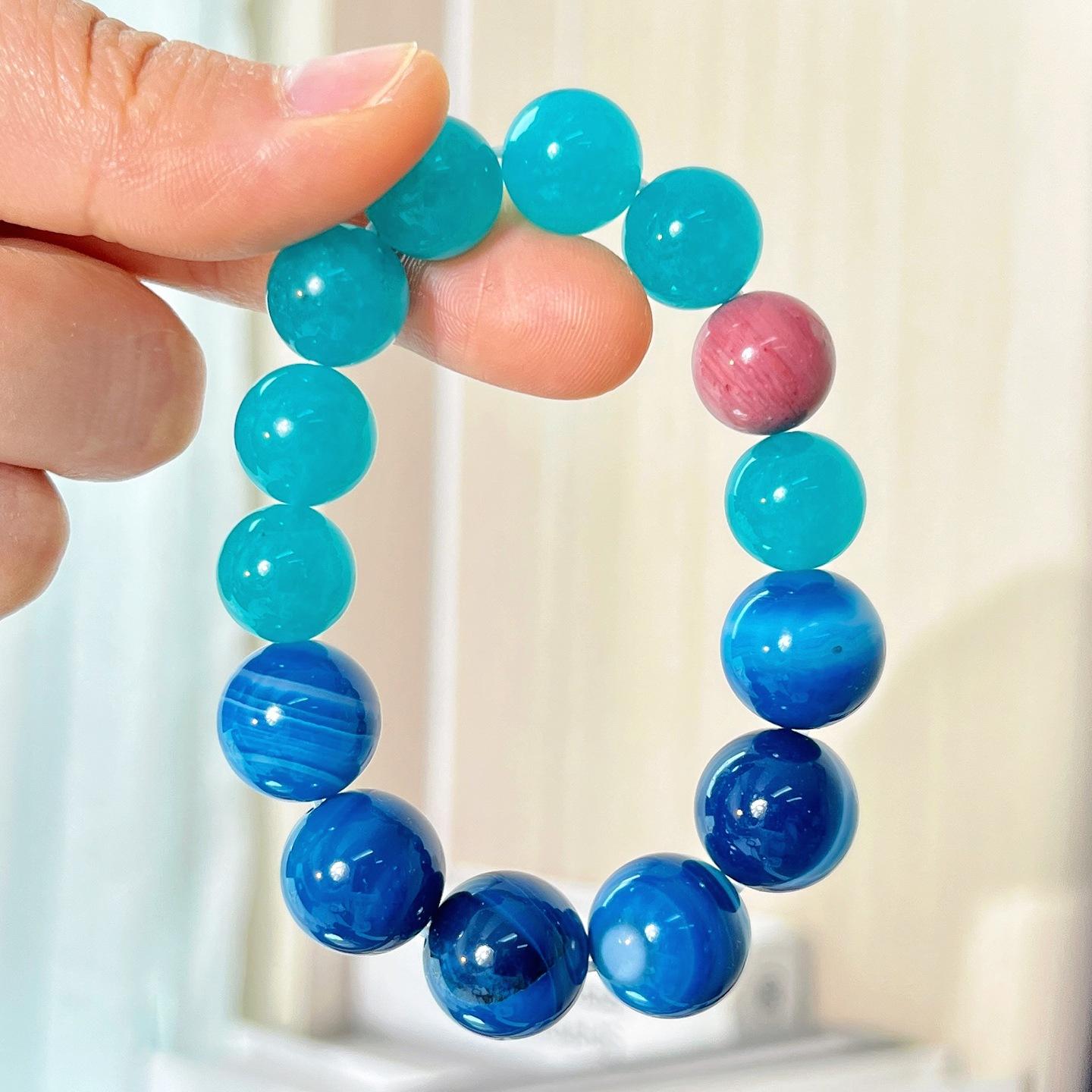 Madelan 12Mm Large Particle Tianhe Stone Color Quartz Rock Natural Mahogany Grain Blue Chalcedony Bracelet