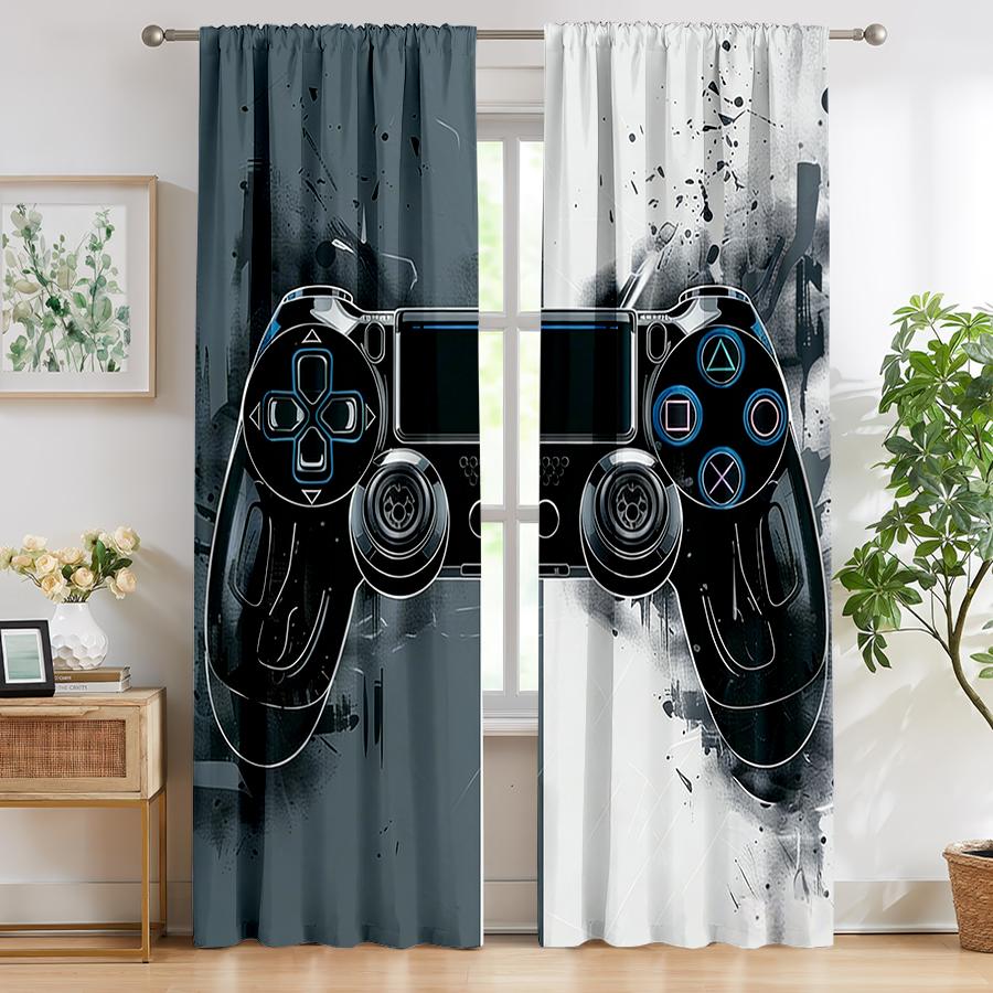 2PC Graffiti Gaming Controller Curtains - Black & White Abstract Print Window Drapes for Boys Bedroom Game Room Decor