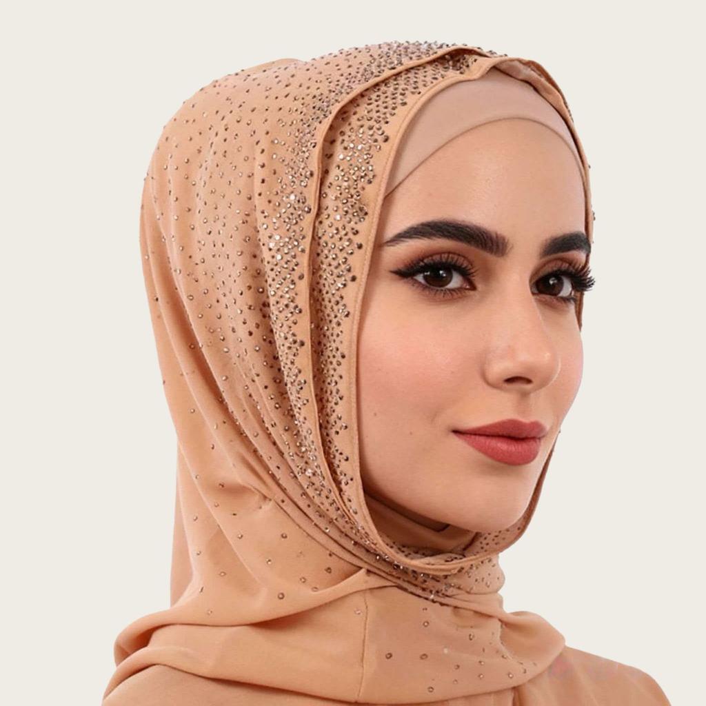 Full Cover Rhinestone Chiffon Scarf Solid Color Breathable Prayer Hijab Crinkle Shawl