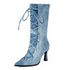 Denim Fashion Show Ankle Boots Stiletto High Heel Pointed Toe Lace-up Shoes For Woman All-match Street Snap Women Boots