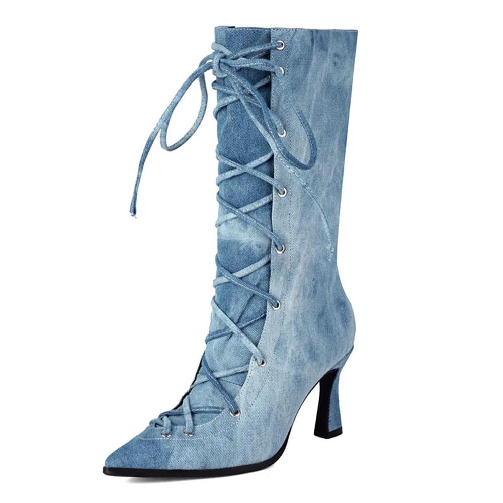 Denim Fashion Show Ankle Boots Stiletto High Heel Pointed Toe Lace-up Shoes For Woman All-match Street Snap Women Boots