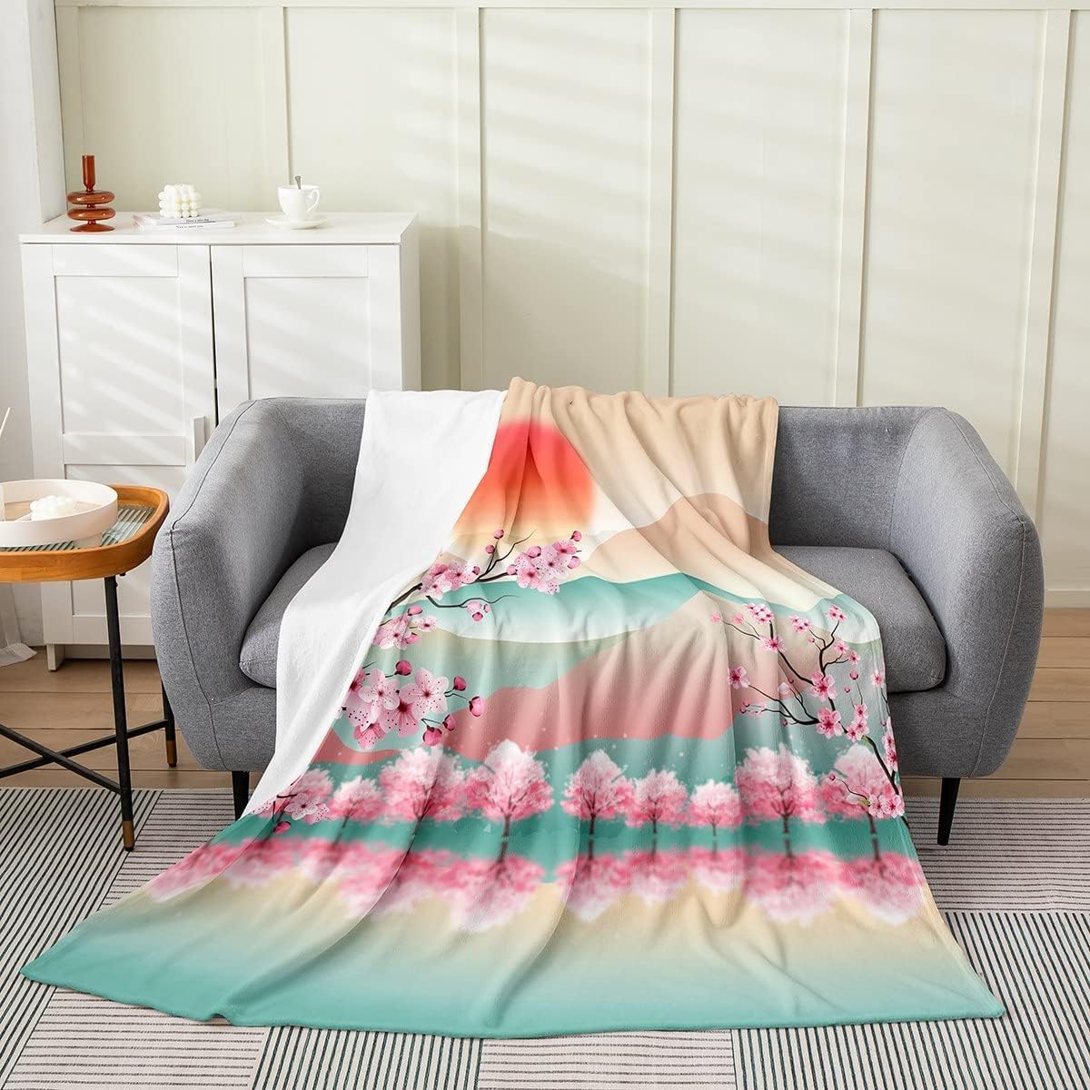 Japanese Throw Blanket Splash Red Cherry Blossom Gifts for Girls Women Men Boys Plush Cozy Flannel Fleece Fuzzy Sakura Blankets 75cmx90cm