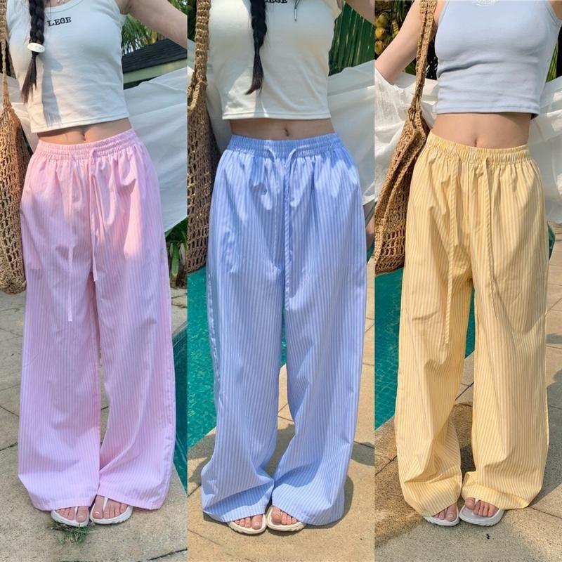 

Korean Style Vertical Stripes Loose Easiest for Match Dopamine Color Matching Drawstring Casual Pants Straight-leg Slimming Lazy Mop Wide Leg Pants Default