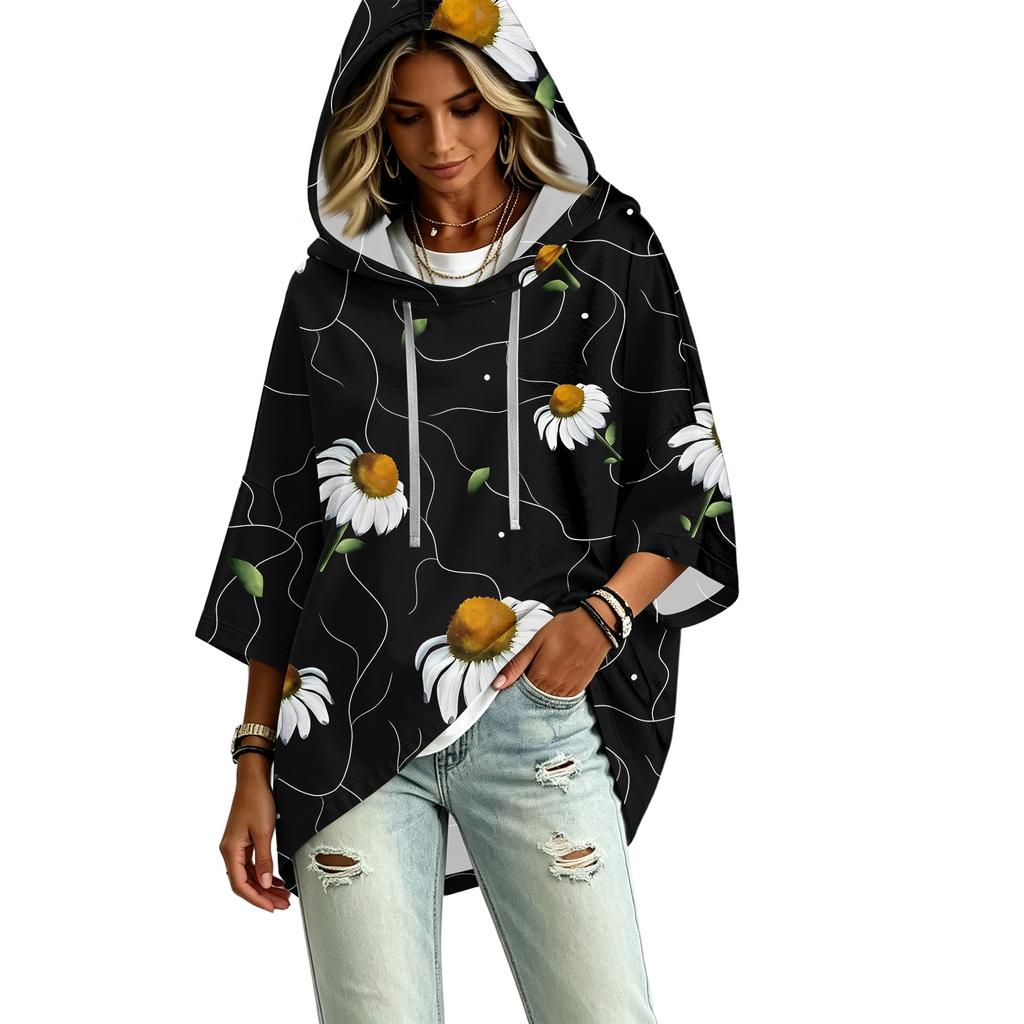 Women's Vintage Floral Print Hooded Pullover Top with Three-Quarter Sleeves for Casual Daily Wear