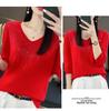 Women's 100% Pure Wool V-neck Short-Sleeve Knit T-shirt, Spring/Autumn Versatile Base Layer Sweater