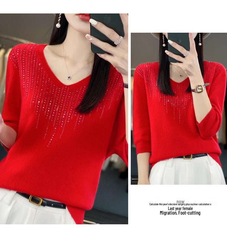 Women's 100% Pure Wool V-neck Short-Sleeve Knit T-shirt, Spring/Autumn Versatile Base Layer Sweater