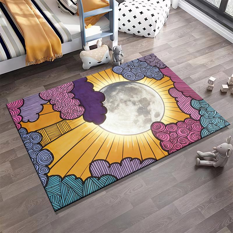 Colorful Moon Design Carpet with Vibrant Clouds and Sun Rays Pattern Suitable for Use As an Anti-slip for Living Room Bedroom Sofas