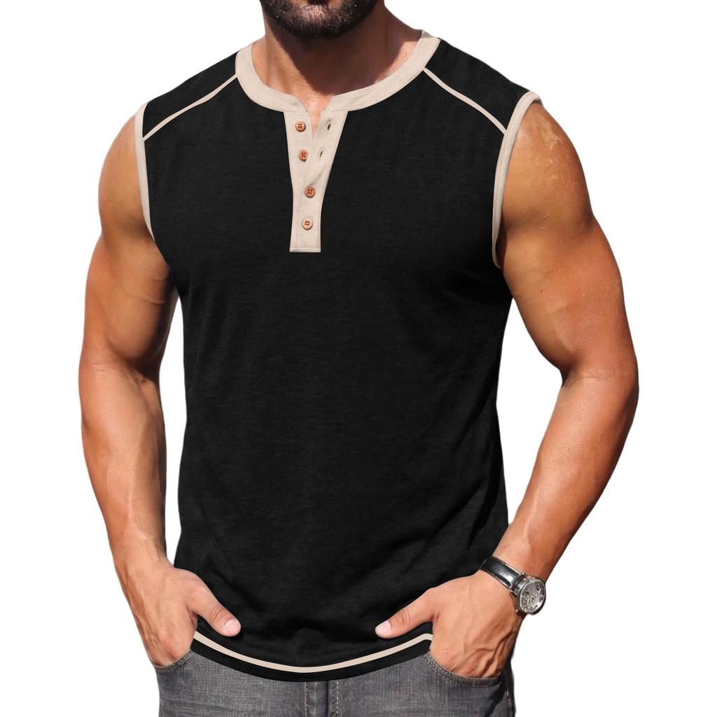 Men Sleeveless Henley Shirt Casual Athletic Tank Top Button Front Muscle Fit Summer Workout Shirt for Outdoor Sports