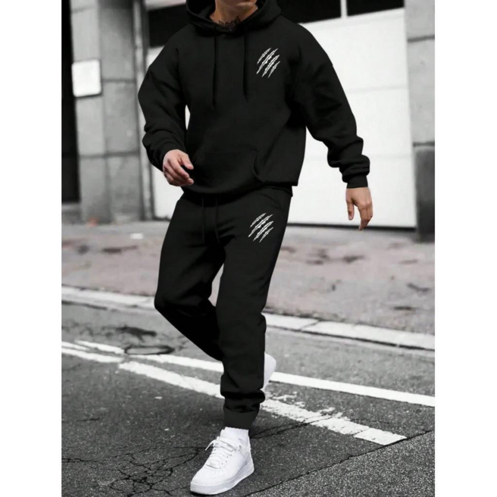 Men's Casual Solid Color -printed Sweatshirt Set, Men's Fleece Hooded Drawstring Sweatshirt And Sweatpants Two-piece Set