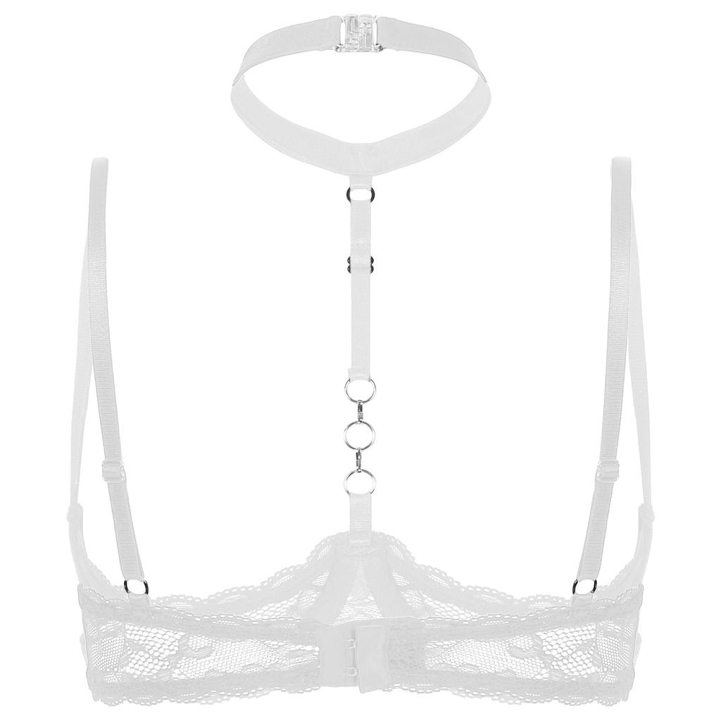 Womens 1/4 Cups Underwire Bra Halter Neck O Ring Sheer Lace Push Up Brassiere Lingerie Underwear