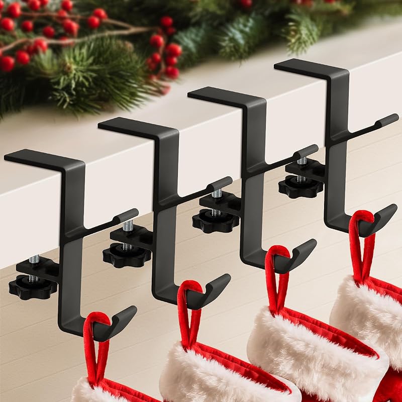 4 Pack Stocking Holders for Mantle for Christmas Decorations,2 in 1 Mantle Garland Holder for Hanging Christmas Stockings,No Drilling Required & 4 Black