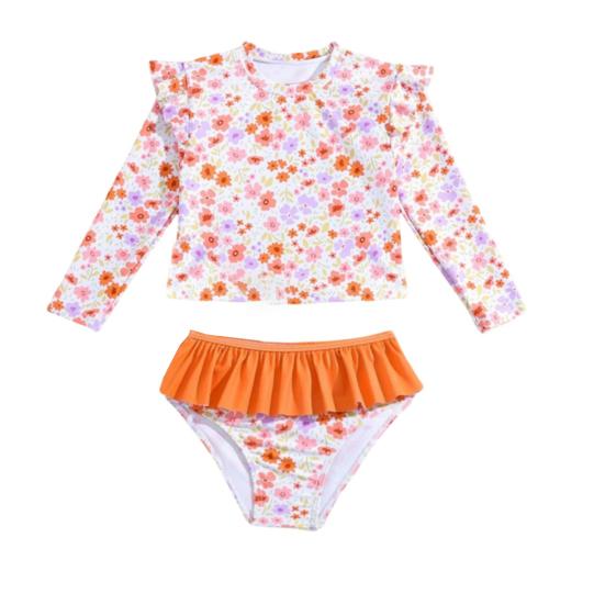 Jenter Solbeskyttende Badedraktsett Todelt Rash Guard Langermet Badebukse Tankini med Bikinibunn Blomstertrykk Barn Strandklær