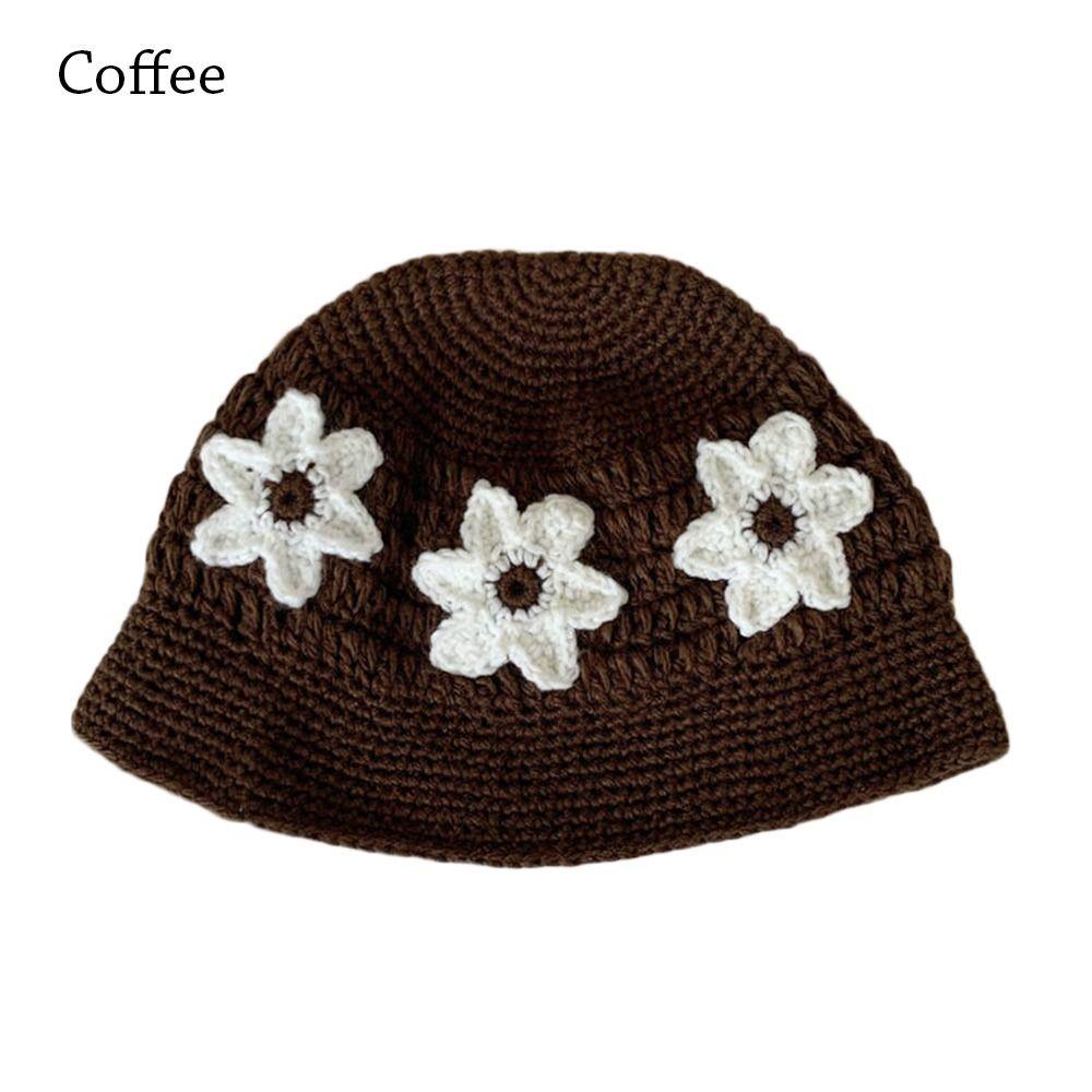 Knitted Bucket Hat Flower Panama Hat Portable Fisherman Cap  for Women
