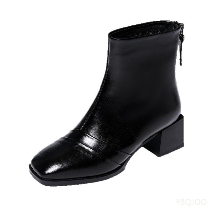 Autumn Winter Fashion Back Zipper Thick Heel Middle Heel Short Boots for Women Retro Square Head Versatile Women's Boots