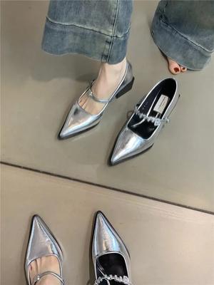 2024 Nowy Styl Srebrne Skórzane Buty Modne Szpiczaste Niskie Obcasy Mary Jane Damskie Buty Codzienne