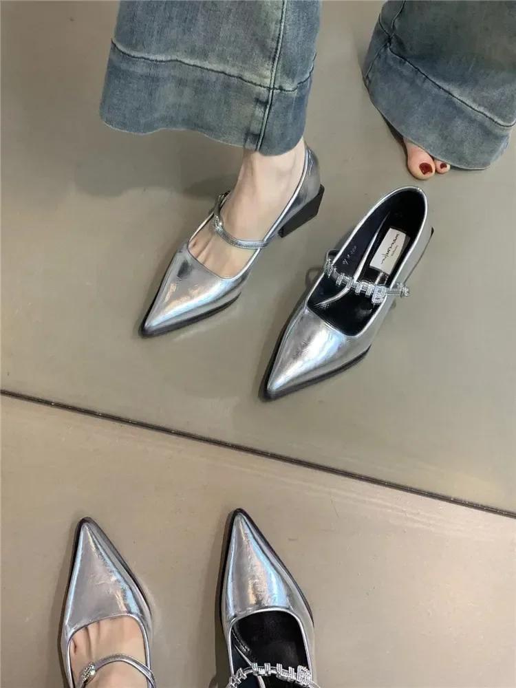 Fashion 2024 New Style Silver Leather Shoes Fashion Pointed Low Heel Mary Jane Women's Casual Shoes