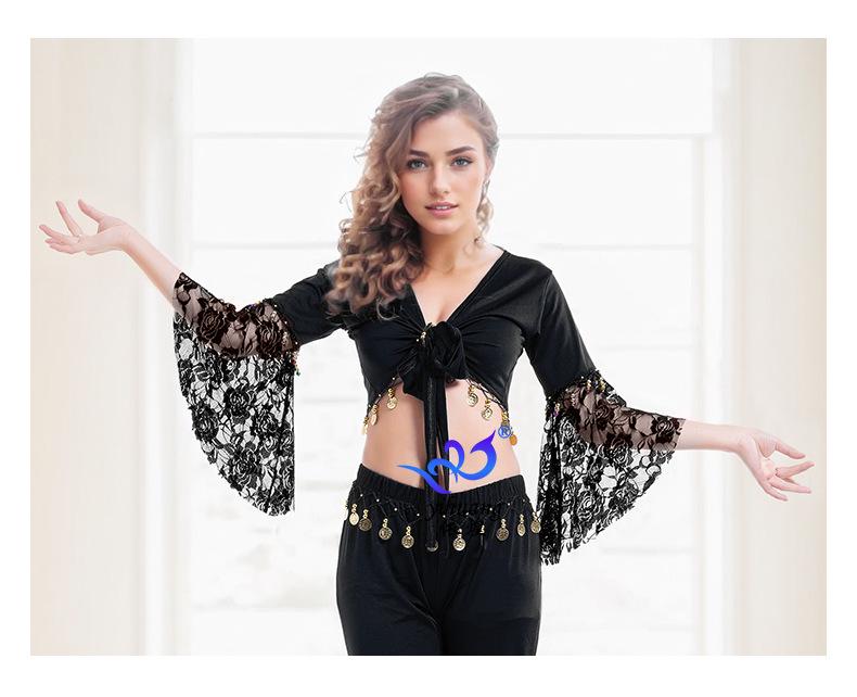 Belly Dance Lace Top with Flared Sleeves and Tassels for Performances