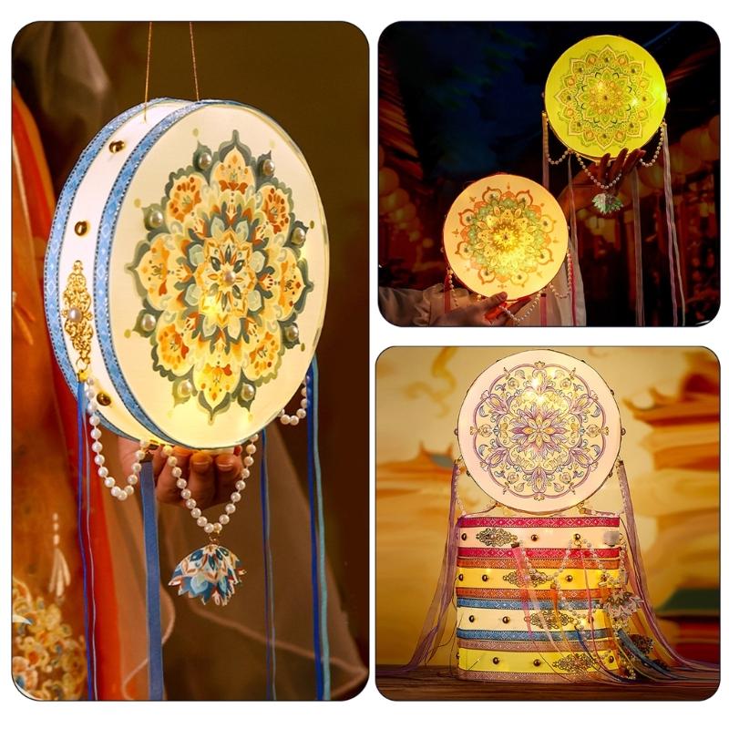 Floral Lantern with Pearls and Ribbon MidAutumn Festival Handheld Toy Kids Led Lights New Year Night Market Stall