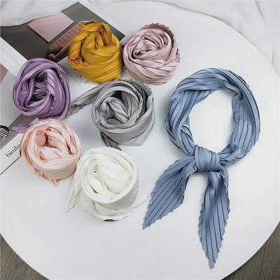 70 Solid Color Pleated Diamond Scarf: Spring & Autumn Korean-Japanese Style Silk Scarf - Versatile Decorative Accessory for Women