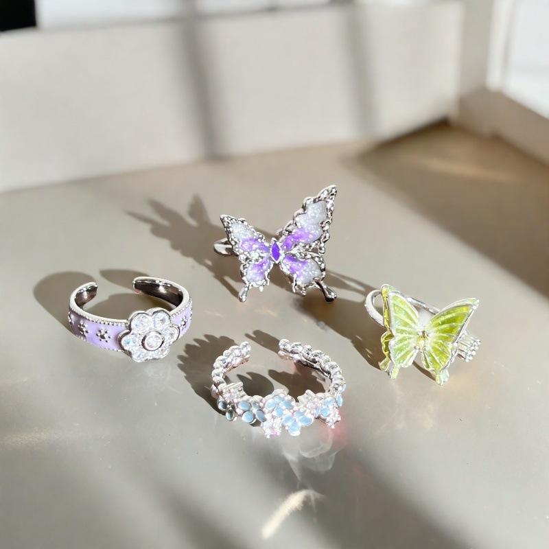 Exquisite Enamel Oil Drop Flower Butterfly Open Ring Zircon Light Luxury High-End Sense Niche Design Ring