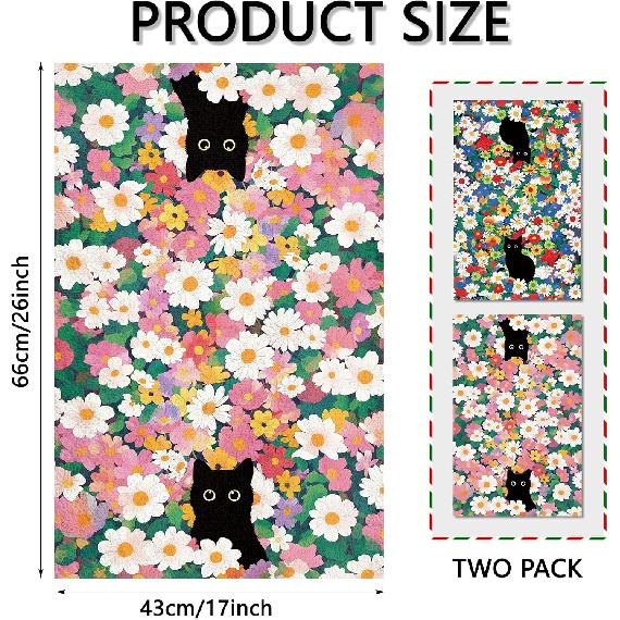 Black Cat Floral Kitchen Towels - Set of 2 Flower Cat Dish Towel for Kitchen Drying, Soft Absorbent Cute Dish Towels Cats Spring, Black Cats Flower