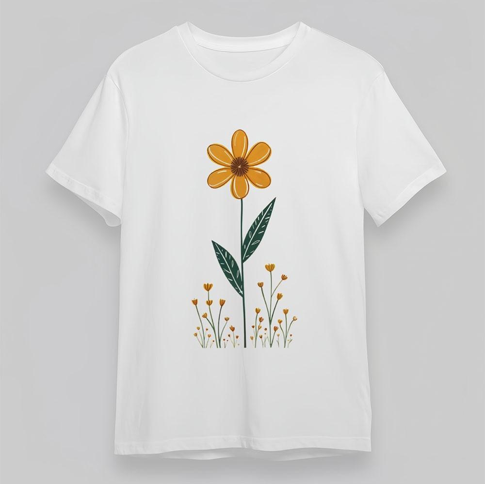 Women's Oversize T-Shirt Yellow Floral Bloom Botanical Tee Cotton Short White