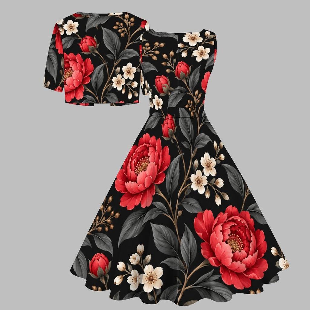 Women Plus Size Two Piece Set Floral Leaf Printed Square Neck Sleeveless Tie Waist Flared Dress With Short Sleeve Cropped Shrug