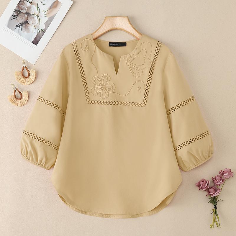 ZANZEA Women Casual V-Neck 3/4 Sleeve Loose Embroidery Blouse