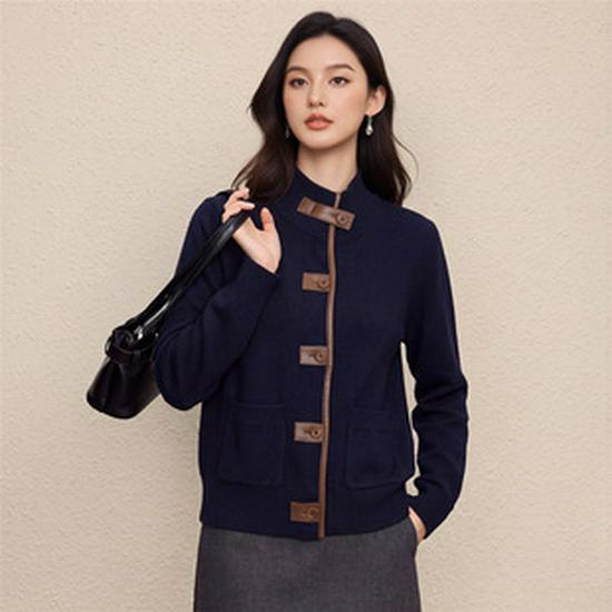 L*P Pure Wool Old Money Style Patchwork Stand Collar Cardigan Sweater Coat