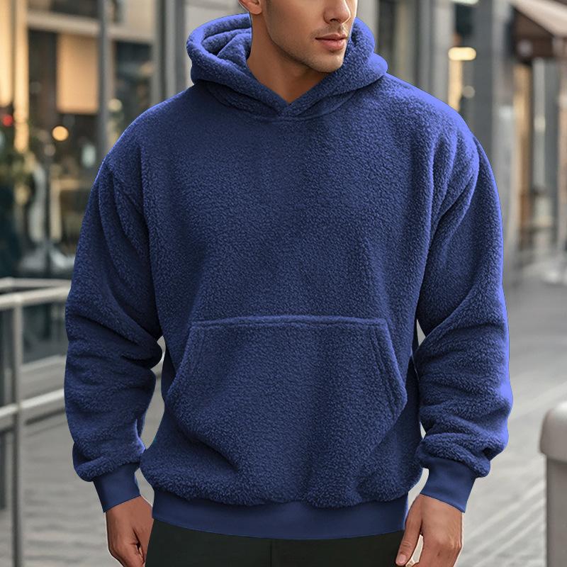 Men Solid Color Fleece Thickened Pullover Hooded Casual Loose Long Sleeve Sweatshirt S