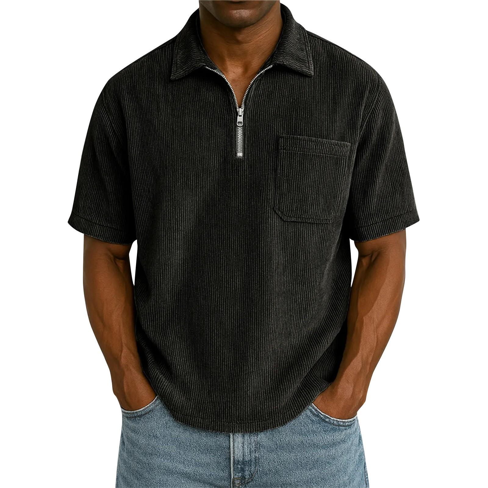 

Мужской летний однотонный топ свободного кроя с лацканами и короткими рукавами, с карманом на молнии XL чёрный