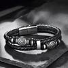 Mens Viking Compass Rune Amulet Beads Stainless Steel Double Strand Leather Bracelet Homme Pulseras