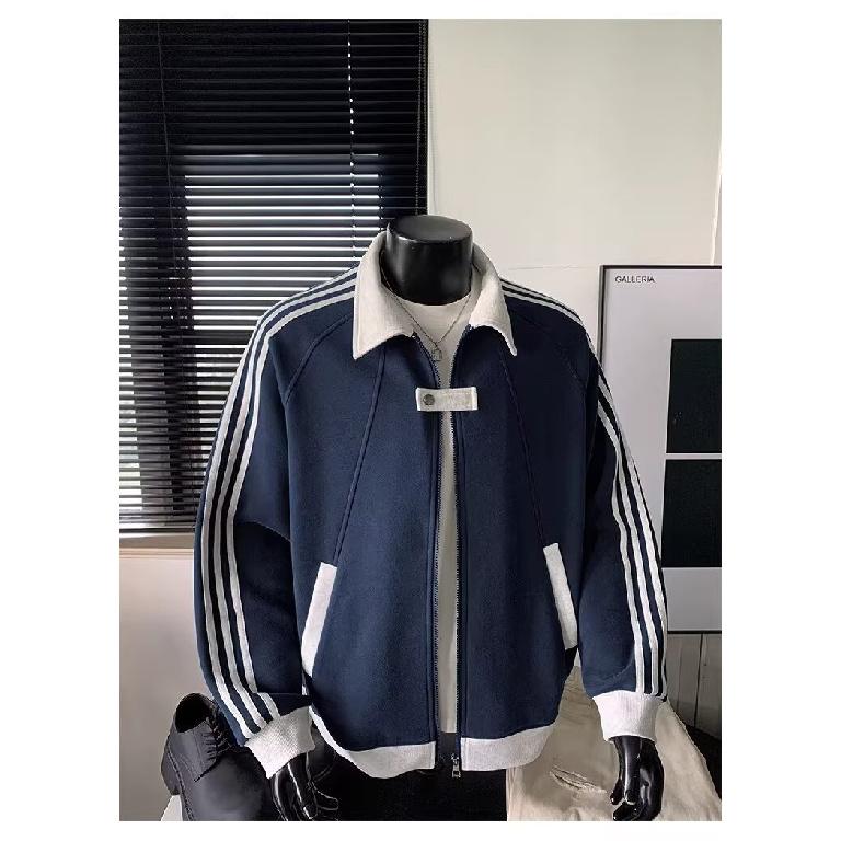 Men's Striped Varsity Jacket Color Block Zip Up Sweatshirt Couple Coat